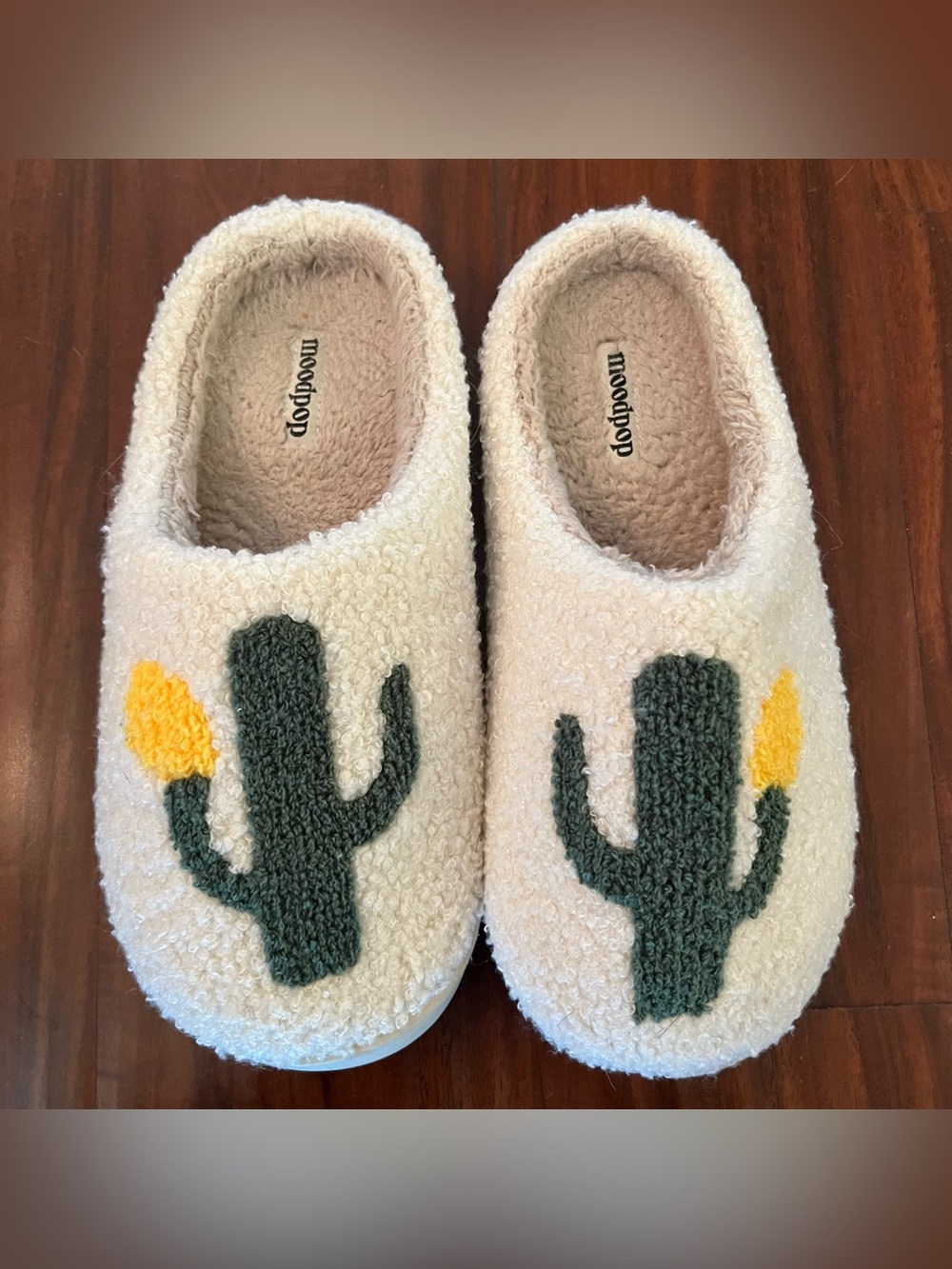 Cozy Cream Cactus Sherpa Slippers with Green & Yellow Detail